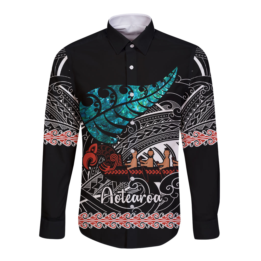 Personalised New Zealand Waka Long Sleeve Button Shirt Aotearoa Maori Silver Fern Pattern - Wonder Print Shop