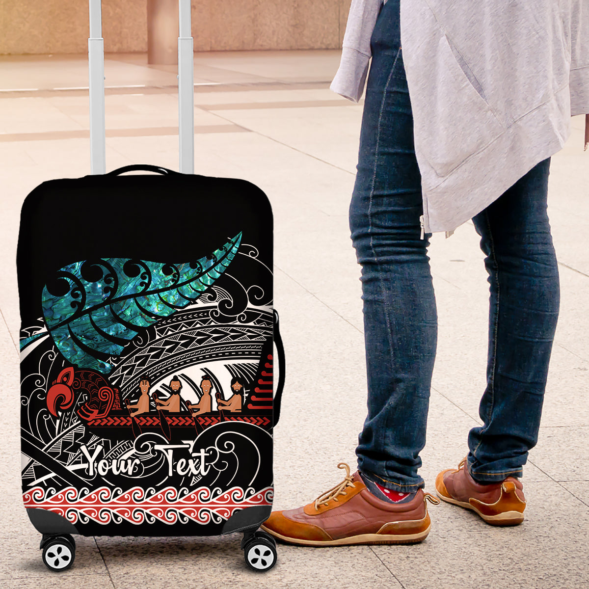 Personalised New Zealand Waka Luggage Cover Aotearoa Maori Silver Fern Pattern - Wonder Print Shop