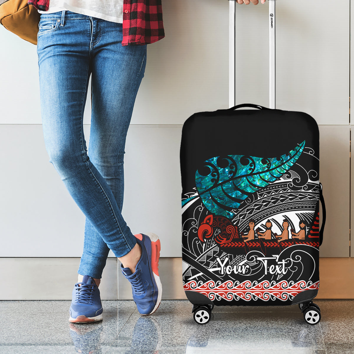 Personalised New Zealand Waka Luggage Cover Aotearoa Maori Silver Fern Pattern - Wonder Print Shop