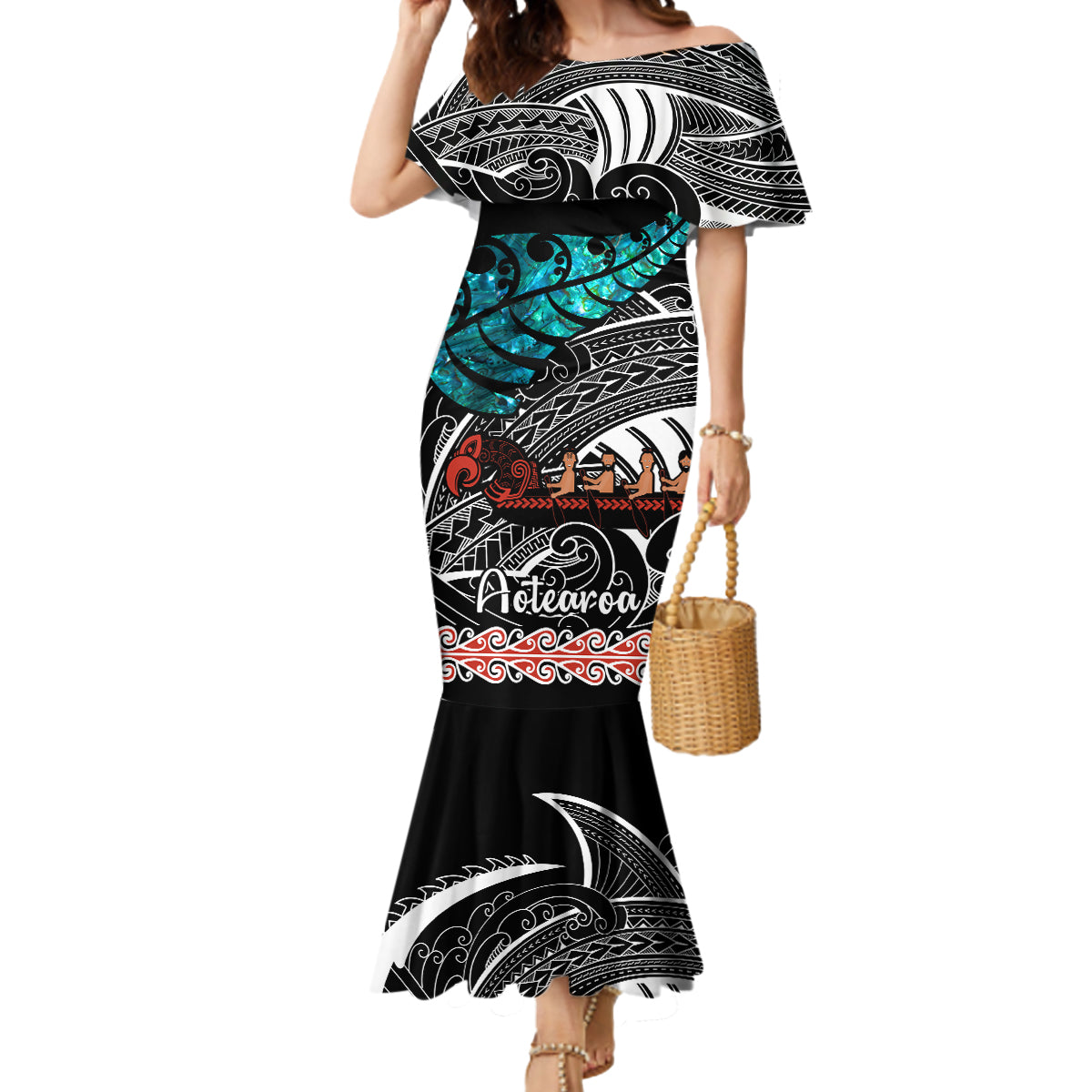 Personalised New Zealand Waka Mermaid Dress Aotearoa Maori Silver Fern Pattern - Wonder Print Shop