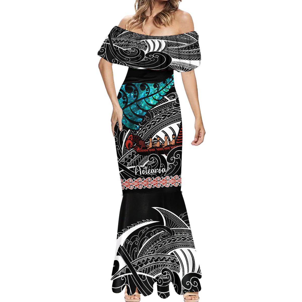 Personalised New Zealand Waka Mermaid Dress Aotearoa Maori Silver Fern Pattern - Wonder Print Shop