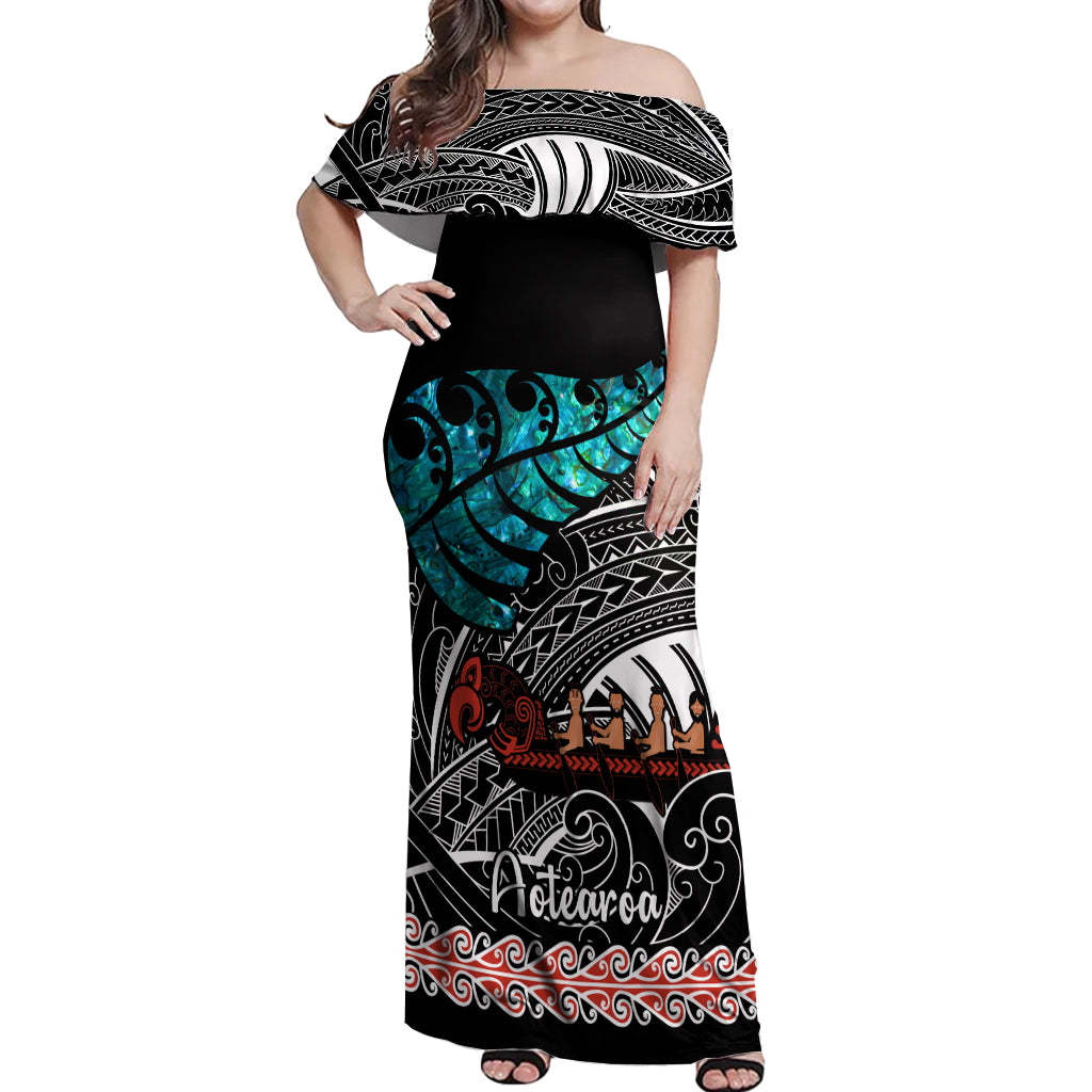 Personalised New Zealand Waka Off Shoulder Maxi Dress Aotearoa Maori Silver Fern Pattern - Wonder Print Shop