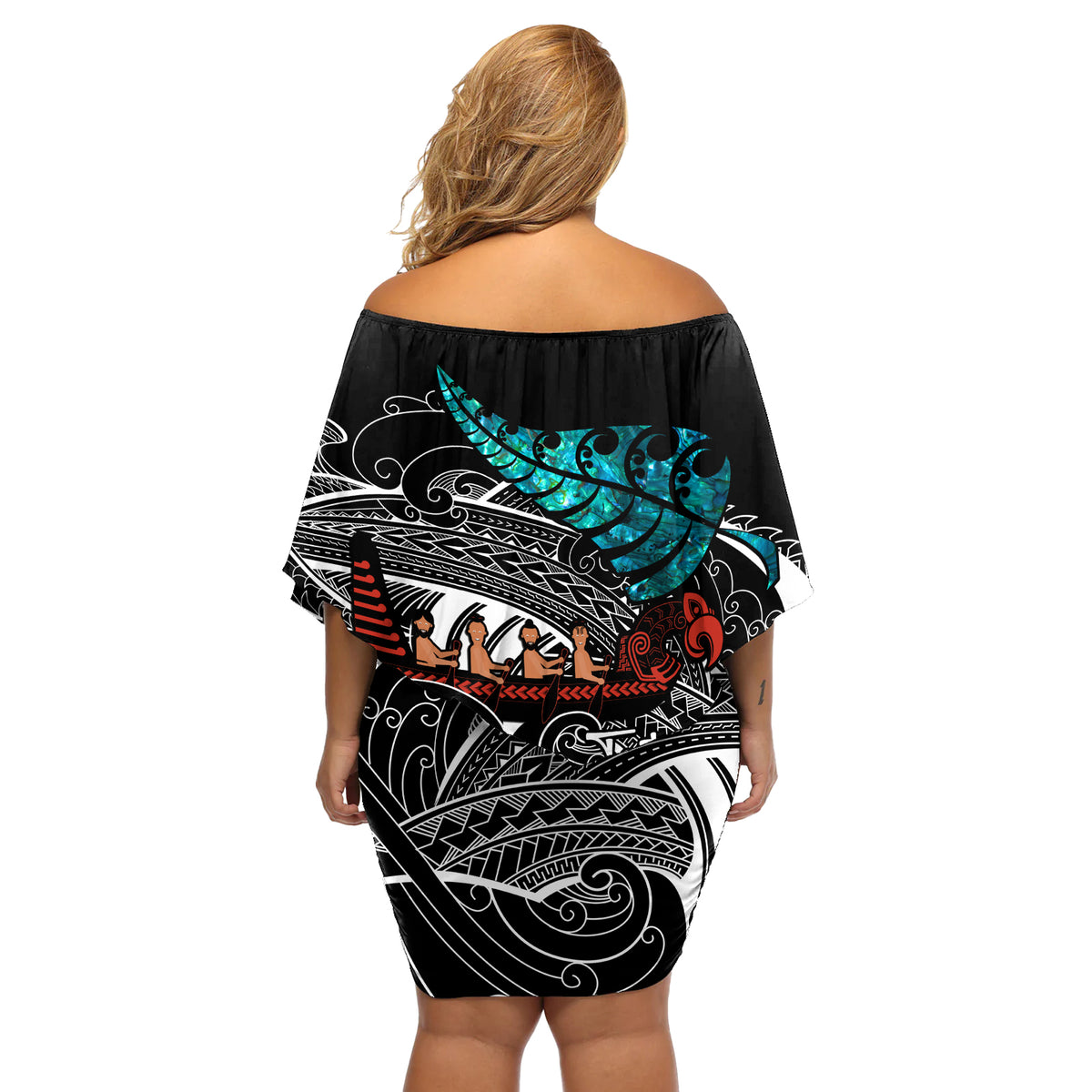 Personalised New Zealand Waka Off Shoulder Short Dress Aotearoa Maori Silver Fern Pattern - Wonder Print Shop