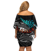 Personalised New Zealand Waka Off Shoulder Short Dress Aotearoa Maori Silver Fern Pattern - Wonder Print Shop
