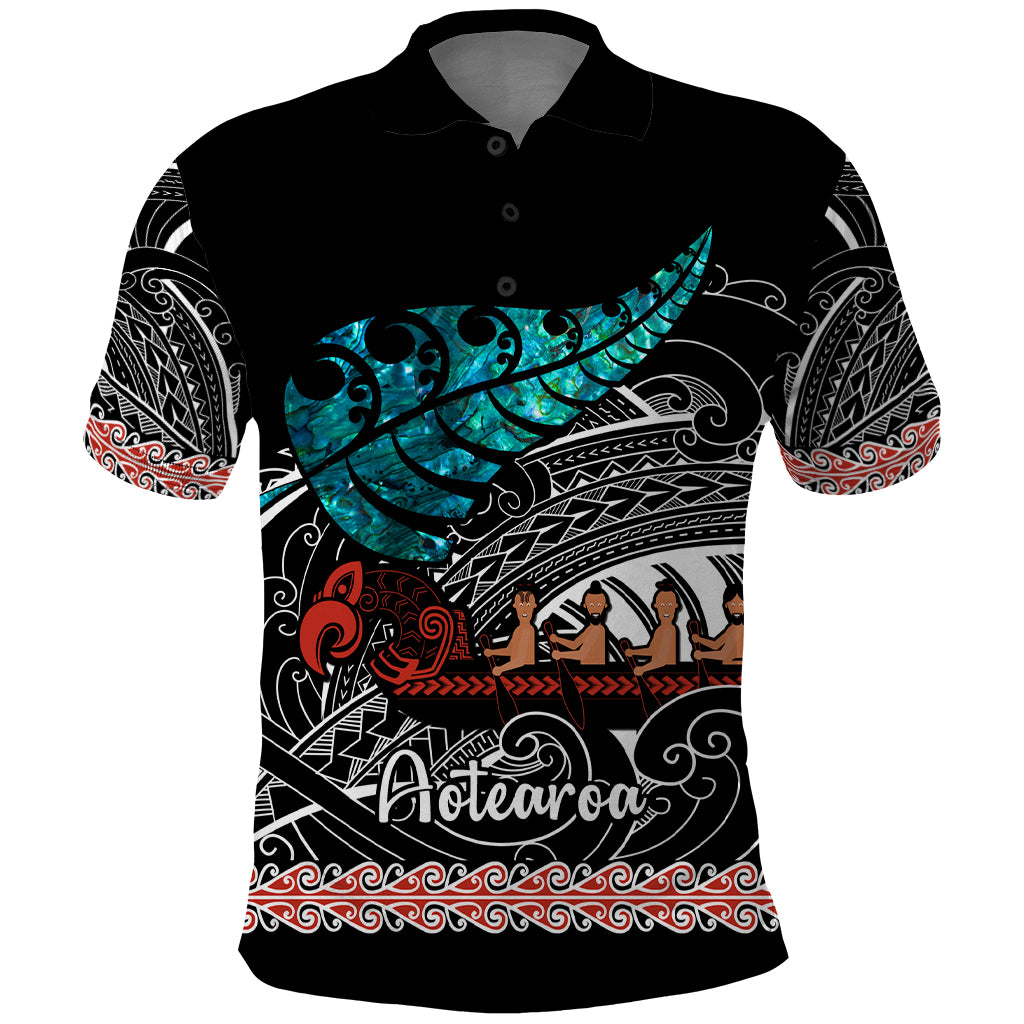 Personalised New Zealand Waka Polo Shirt Aotearoa Maori Silver Fern Pattern - Wonder Print Shop