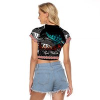 Personalised New Zealand Waka Raglan Cropped T Shirt Aotearoa Maori Silver Fern Pattern - Wonder Print Shop