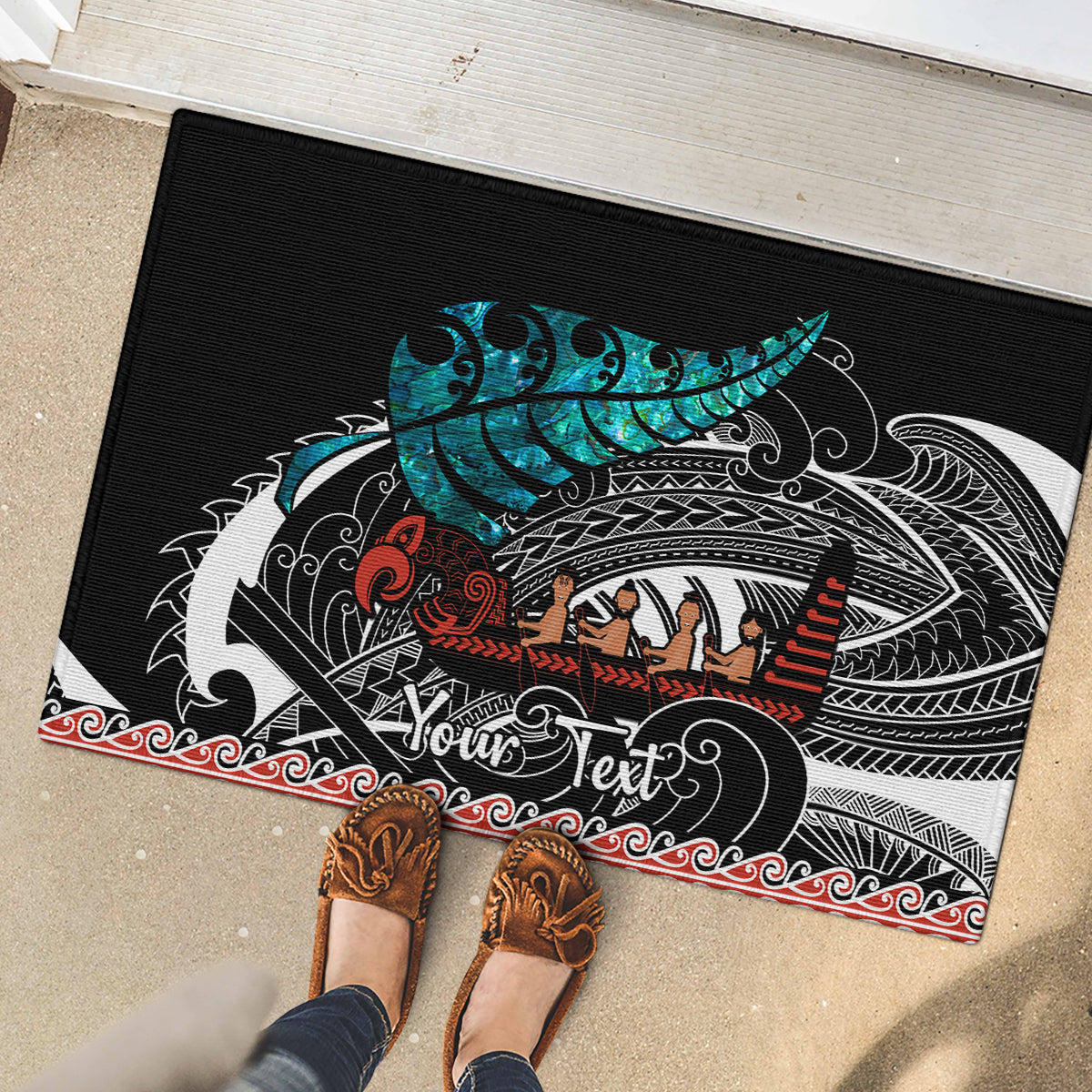 Personalised New Zealand Waka Rubber Doormat Aotearoa Maori Silver Fern Pattern - Wonder Print Shop