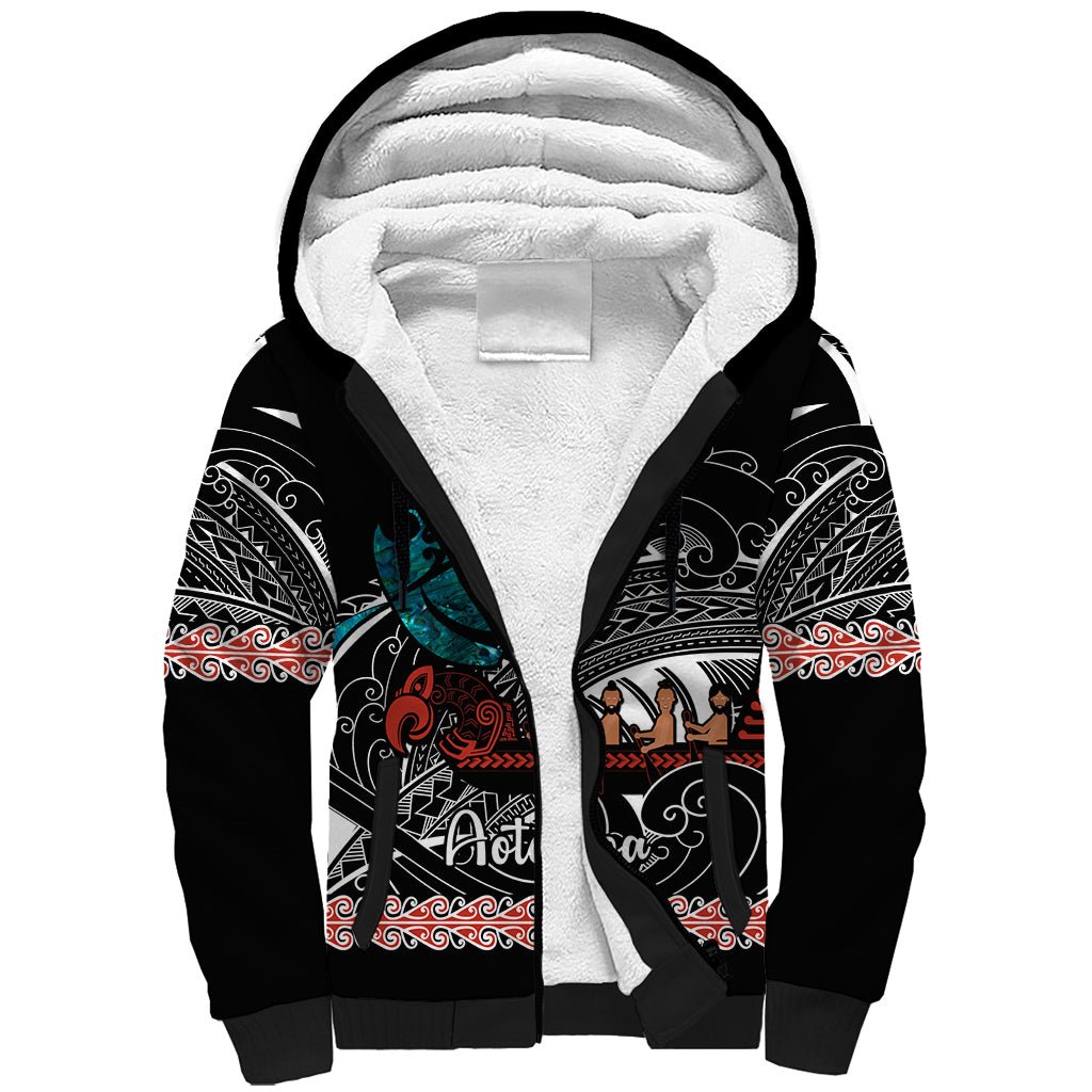 Personalised New Zealand Waka Sherpa Hoodie Aotearoa Maori Silver Fern Pattern - Wonder Print Shop