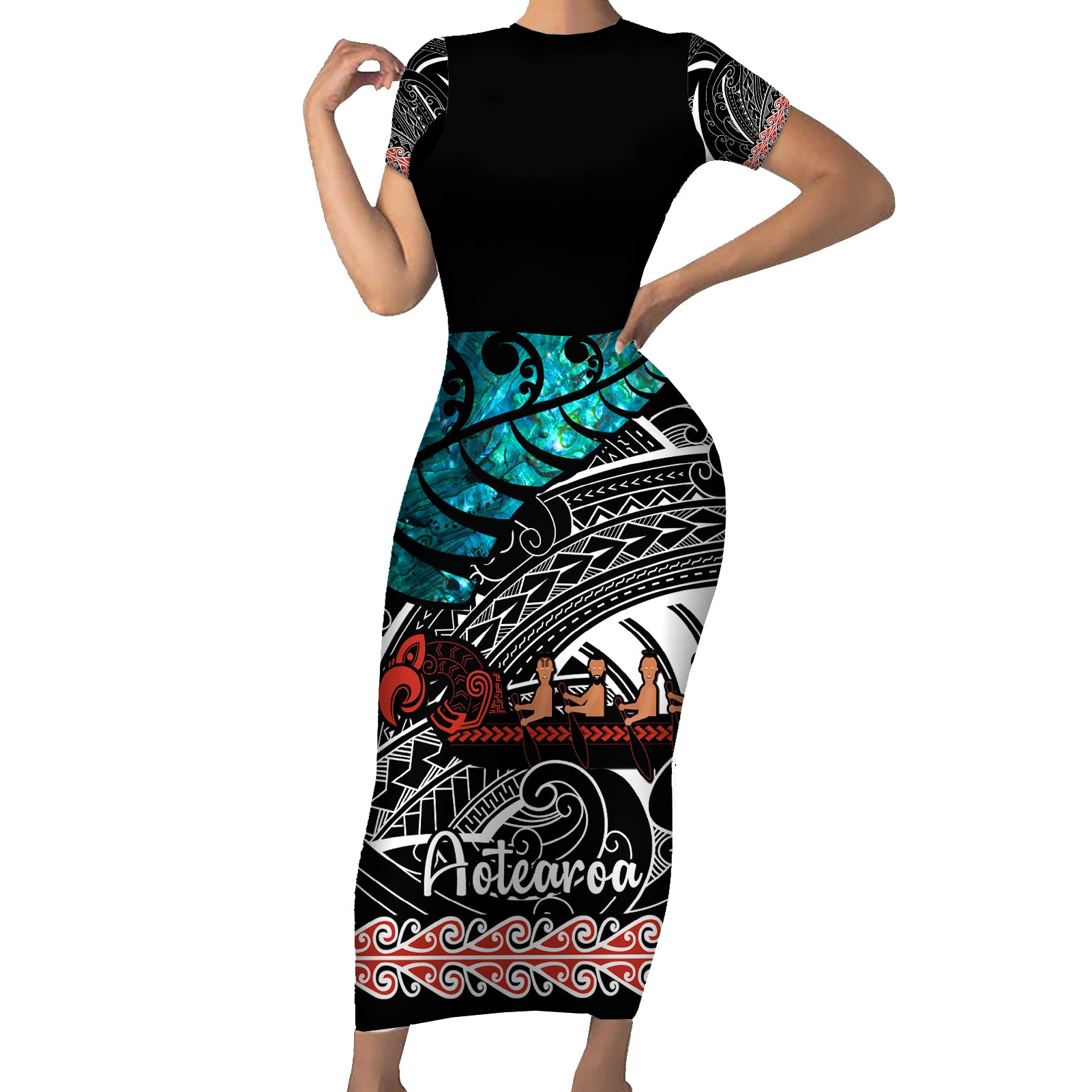 Personalised New Zealand Waka Short Sleeve Bodycon Dress Aotearoa Maori Silver Fern Pattern - Wonder Print Shop