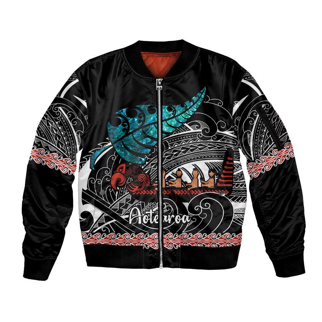 Personalised New Zealand Waka Sleeve Zip Bomber Jacket Aotearoa Maori Silver Fern Pattern - Wonder Print Shop