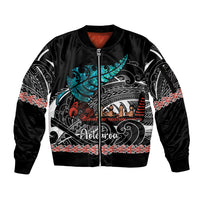 Personalised New Zealand Waka Sleeve Zip Bomber Jacket Aotearoa Maori Silver Fern Pattern - Wonder Print Shop