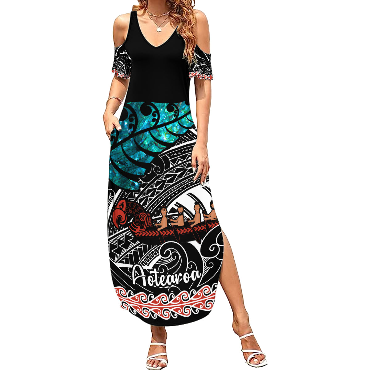 Personalised New Zealand Waka Summer Maxi Dress Aotearoa Maori Silver Fern Pattern - Wonder Print Shop