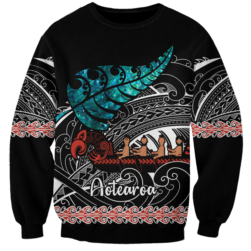 Personalised New Zealand Waka Sweatshirt Aotearoa Maori Silver Fern Pattern - Wonder Print Shop
