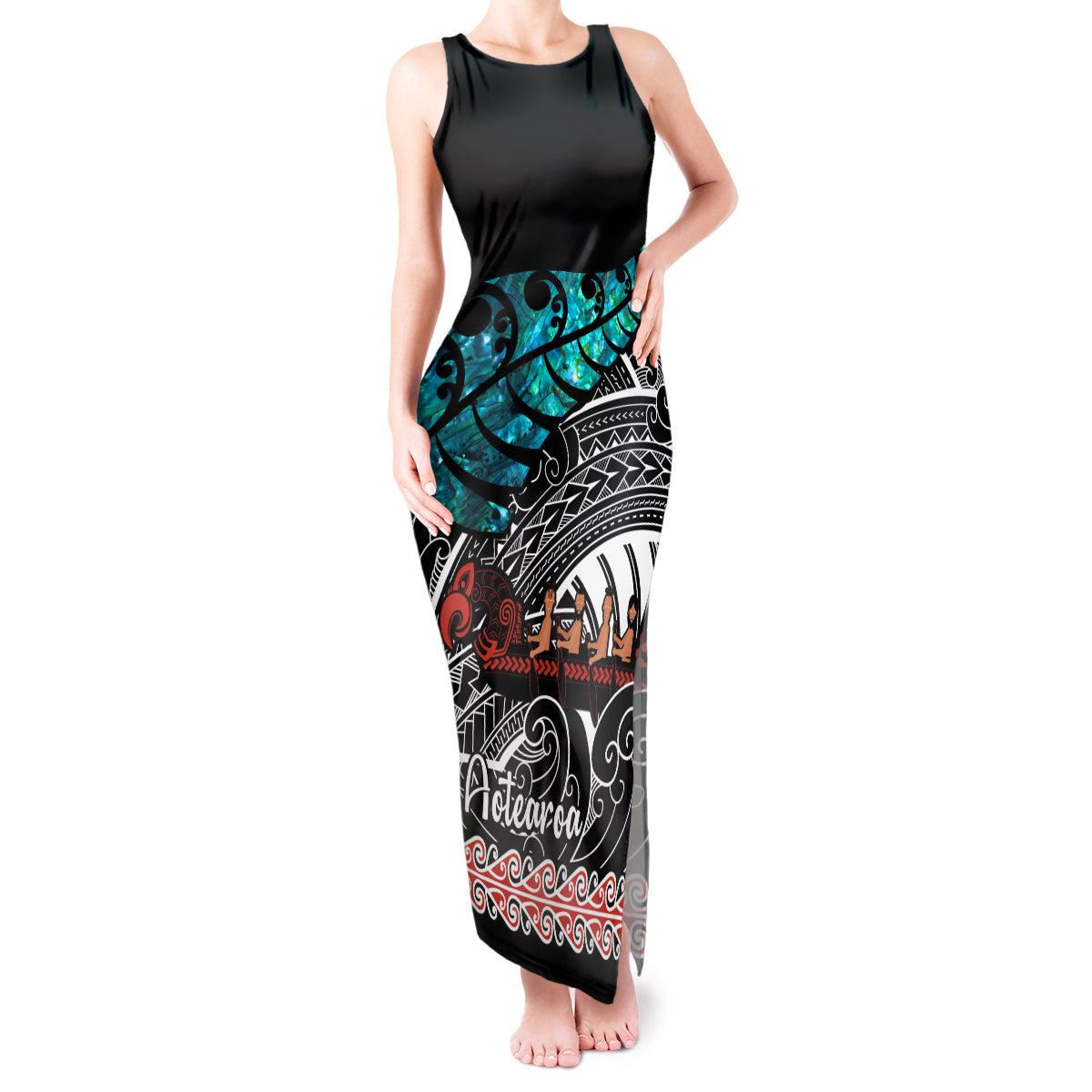 Personalised New Zealand Waka Tank Maxi Dress Aotearoa Maori Silver Fern Pattern - Wonder Print Shop