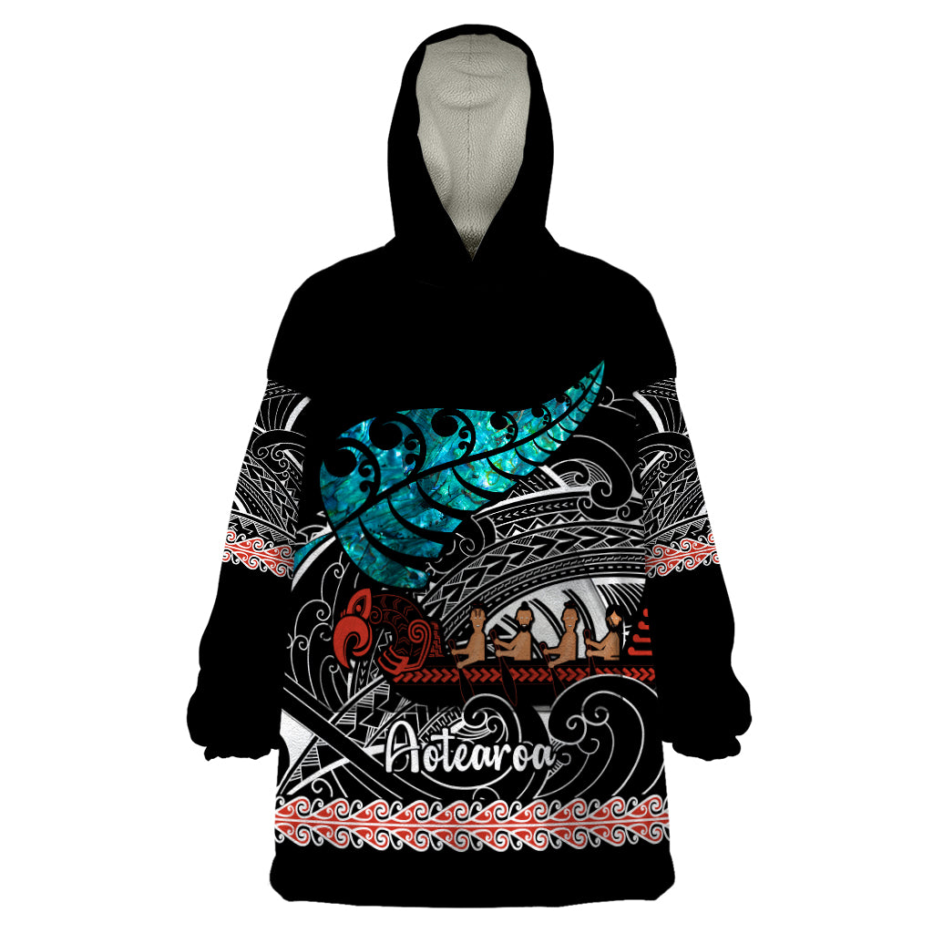 Personalised New Zealand Waka Wearable Blanket Hoodie Aotearoa Maori Silver Fern Pattern - Wonder Print Shop