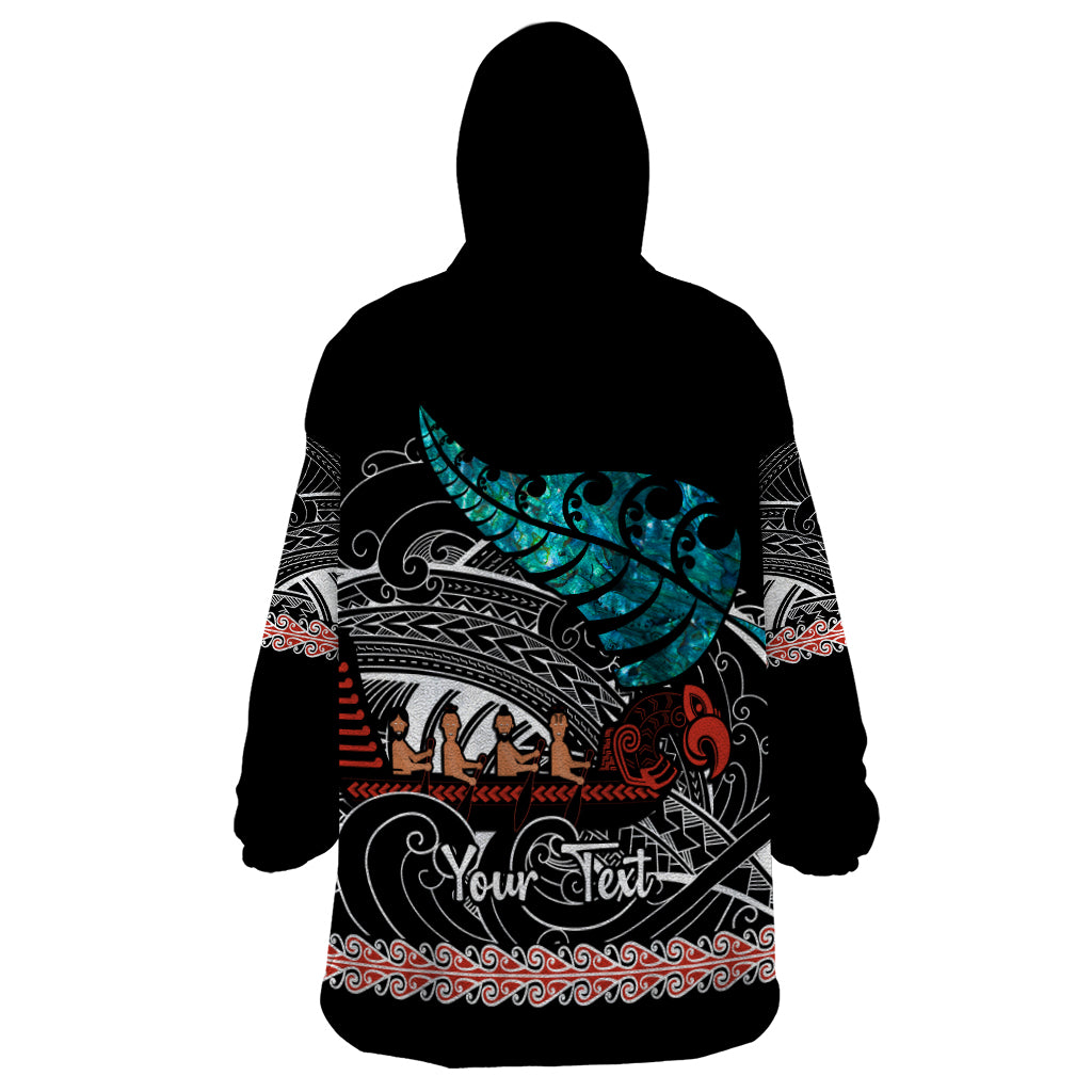 Personalised New Zealand Waka Wearable Blanket Hoodie Aotearoa Maori Silver Fern Pattern - Wonder Print Shop