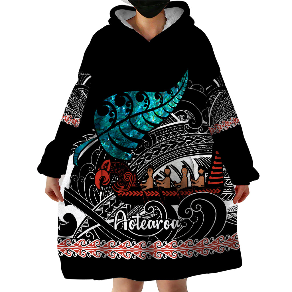 Personalised New Zealand Waka Wearable Blanket Hoodie Aotearoa Maori Silver Fern Pattern - Wonder Print Shop