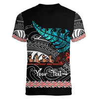 Personalised New Zealand Waka Women V Neck T Shirt Aotearoa Maori Silver Fern Pattern - Wonder Print Shop