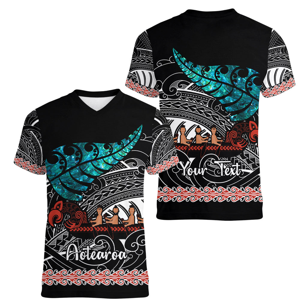 Personalised New Zealand Waka Women V Neck T Shirt Aotearoa Maori Silver Fern Pattern - Wonder Print Shop