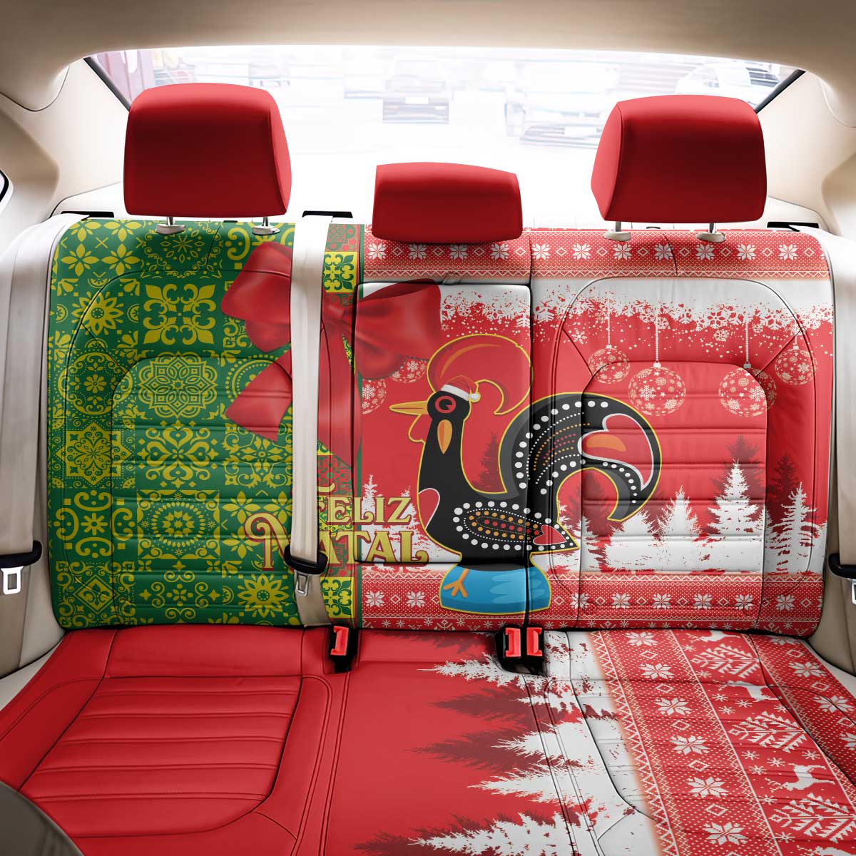Portugal Christmas Back Car Seat Cover Barcelos Rooster Mix Azulejo Pattern - Feliz Natal - Wonder Print Shop