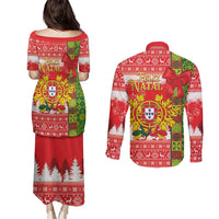 Portugal Christmas Couples Matching Puletasi and Long Sleeve Button Shirt Barcelos Rooster Mix Azulejo Pattern - Feliz Natal - Wonder Print Shop