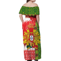Portugal Christmas Off Shoulder Maxi Dress Barcelos Rooster Mix Azulejo Pattern - Feliz Natal - Wonder Print Shop
