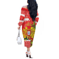 Portugal Christmas Off The Shoulder Long Sleeve Dress Barcelos Rooster Mix Azulejo Pattern - Feliz Natal - Wonder Print Shop