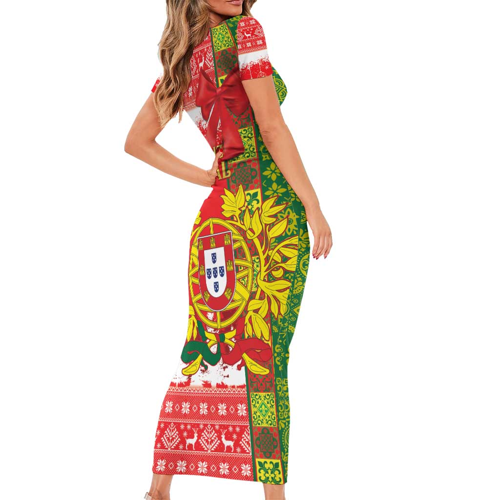 Portugal Christmas Short Sleeve Bodycon Dress Barcelos Rooster Mix Azulejo Pattern - Feliz Natal - Wonder Print Shop