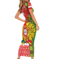 Portugal Christmas Short Sleeve Bodycon Dress Barcelos Rooster Mix Azulejo Pattern - Feliz Natal - Wonder Print Shop