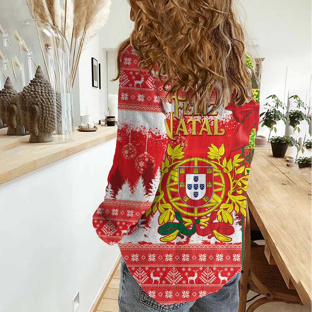 Portugal Christmas Women Casual Shirt Barcelos Rooster Mix Azulejo Pattern - Feliz Natal - Wonder Print Shop