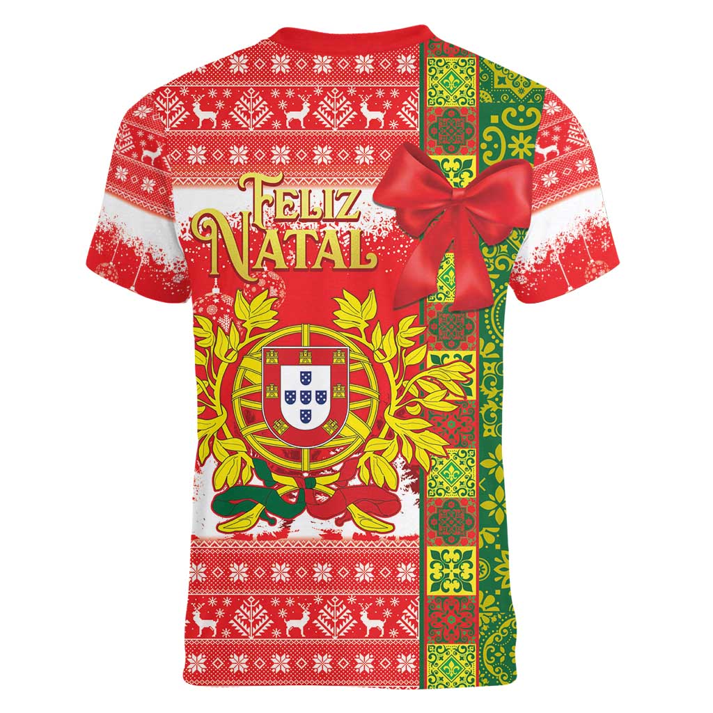 Portugal Christmas Women V-Neck T-Shirt Barcelos Rooster Mix Azulejo Pattern - Feliz Natal - Wonder Print Shop