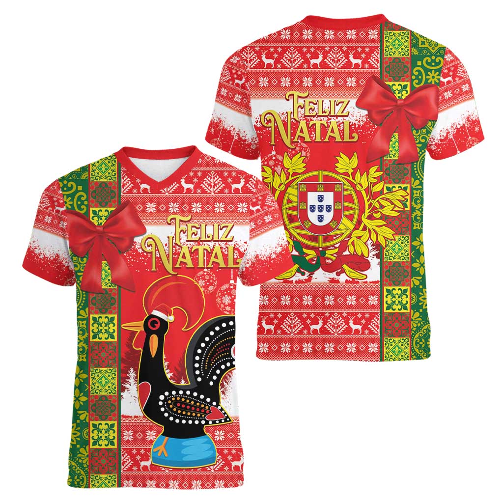 Portugal Christmas Women V-Neck T-Shirt Barcelos Rooster Mix Azulejo Pattern - Feliz Natal - Wonder Print Shop