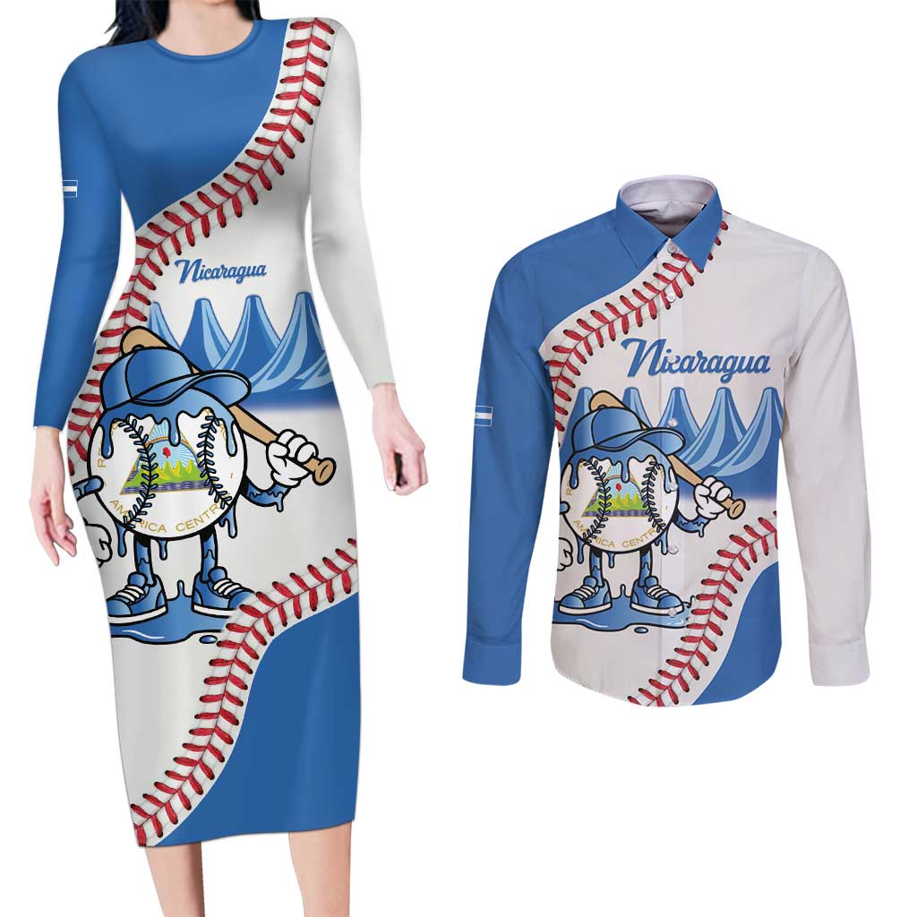 Nicaragua 2026 Baseball Personalized Couples Matching Long Sleeve Bodycon Dress and Long Sleeve Button Shirt Go Champions Drip Style