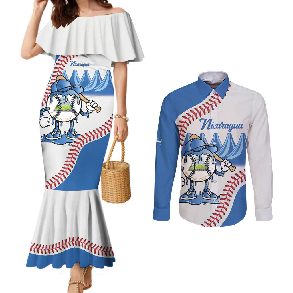 Nicaragua 2026 Baseball Personalized Couples Matching Mermaid Dress and Long Sleeve Button Shirt Go Champions Drip Style