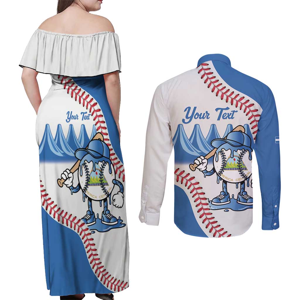 Nicaragua 2026 Baseball Personalized Couples Matching Off Shoulder Maxi Dress and Long Sleeve Button Shirt Go Champions Drip Style