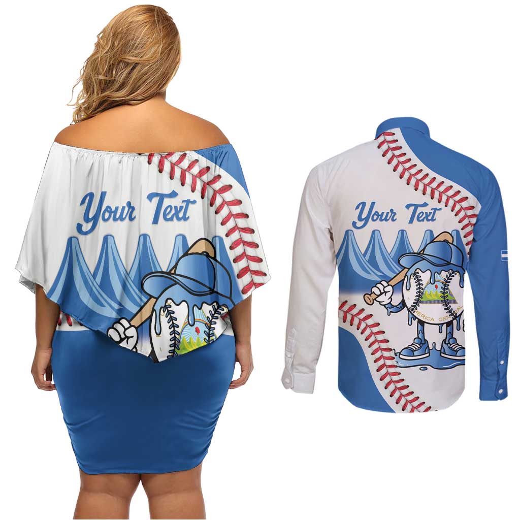 Nicaragua 2026 Baseball Personalized Couples Matching Off Shoulder Short Dress and Long Sleeve Button Shirt Go Champions Drip Style