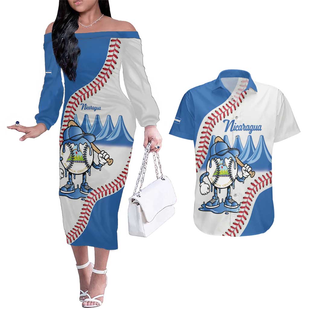 Nicaragua 2026 Baseball Personalized Couples Matching Off The Shoulder Long Sleeve Dress and Hawaiian Shirt Go Champions Drip Style