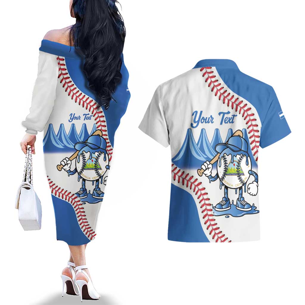 Nicaragua 2026 Baseball Personalized Couples Matching Off The Shoulder Long Sleeve Dress and Hawaiian Shirt Go Champions Drip Style