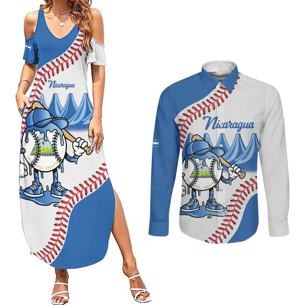 Nicaragua 2026 Baseball Personalized Couples Matching Summer Maxi Dress and Long Sleeve Button Shirt Go Champions Drip Style