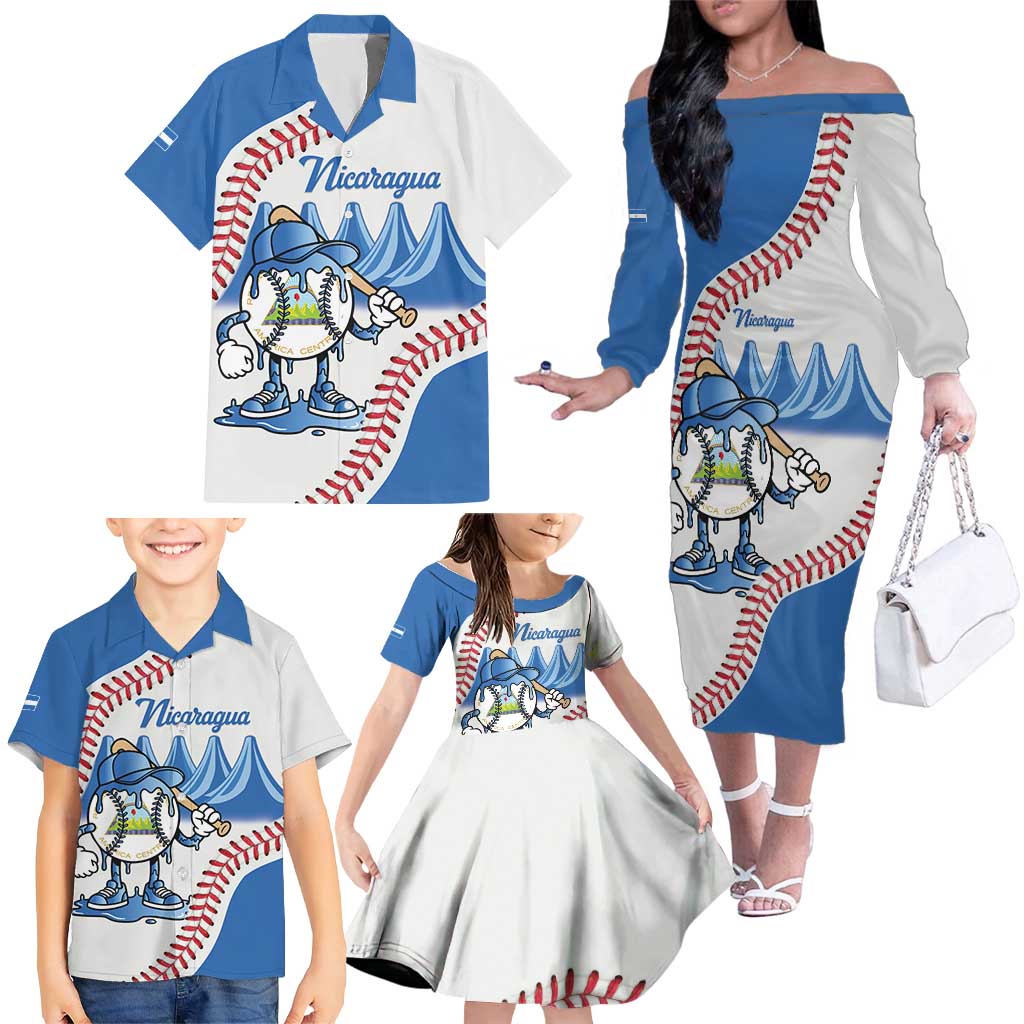 Nicaragua 2026 Baseball Personalized Family Matching Off The Shoulder Long Sleeve Dress and Hawaiian Shirt Go Champions Drip Style