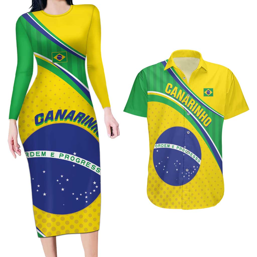 Custom Brazil Football Couples Matching Long Sleeve Bodycon Dress and Hawaiian Shirt Vamos Canarinho