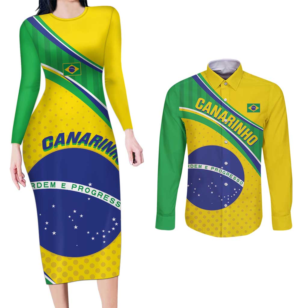 Custom Brazil Football Couples Matching Long Sleeve Bodycon Dress and Long Sleeve Button Shirt Vamos Canarinho