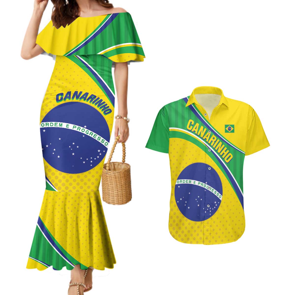 Custom Brazil Football Couples Matching Mermaid Dress and Hawaiian Shirt Vamos Canarinho