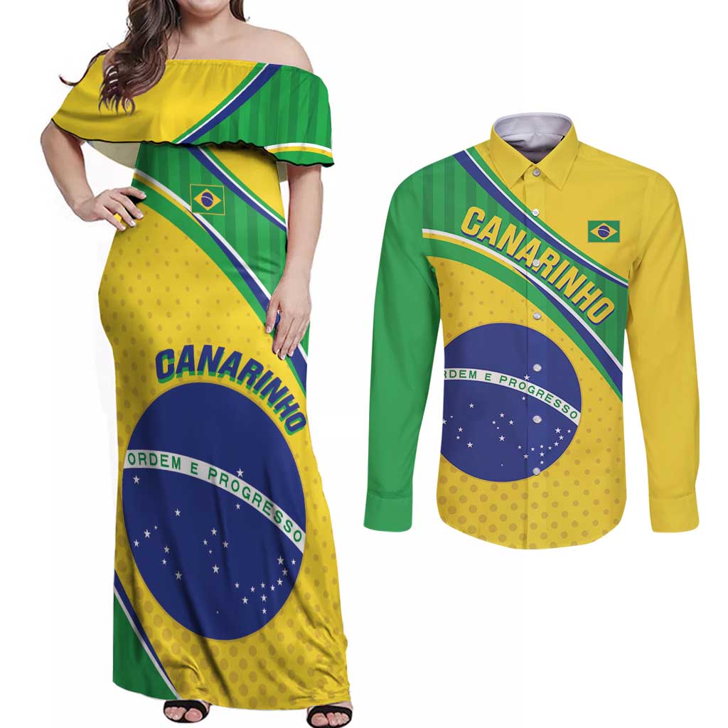 Custom Brazil Football Couples Matching Off Shoulder Maxi Dress and Long Sleeve Button Shirt Vamos Canarinho