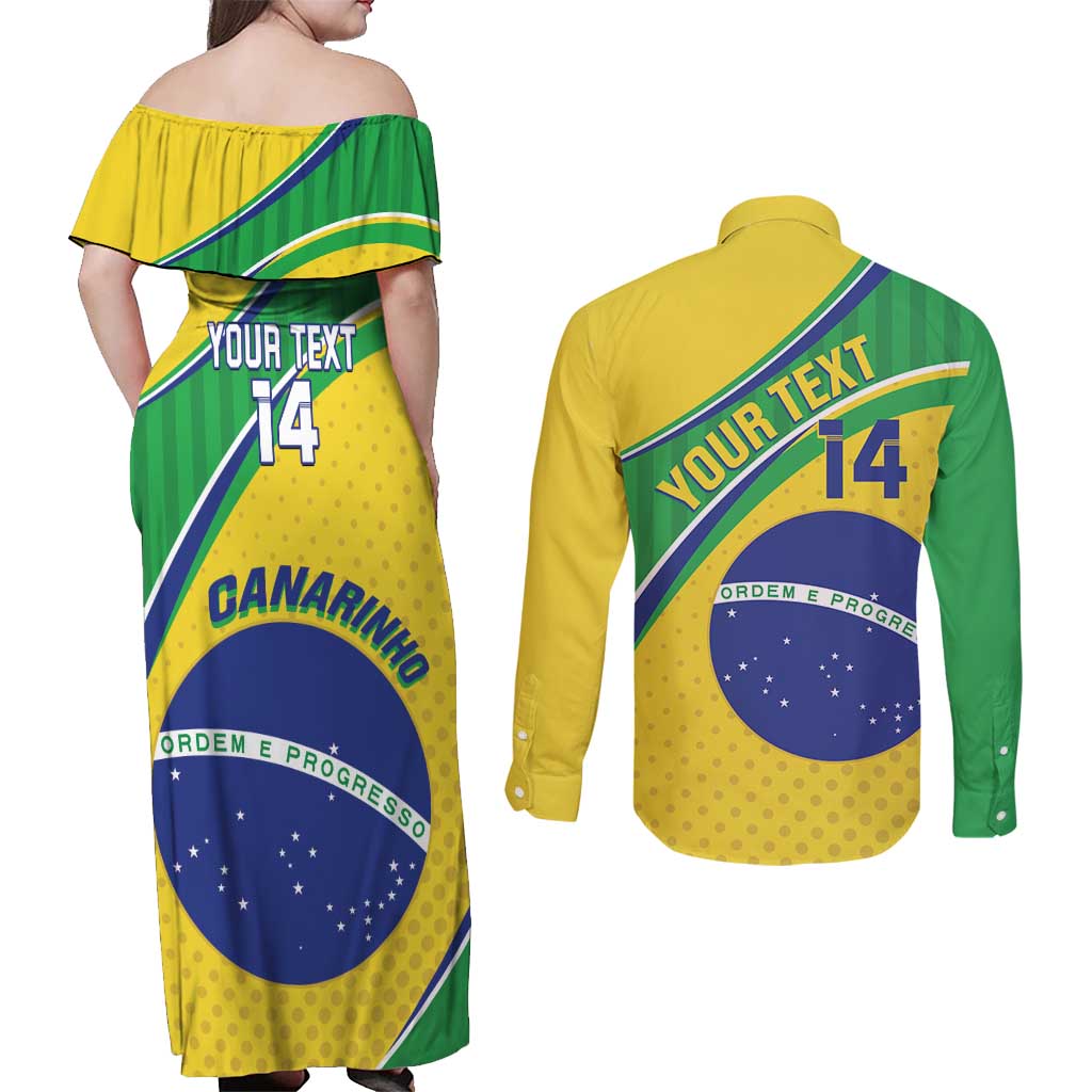 Custom Brazil Football Couples Matching Off Shoulder Maxi Dress and Long Sleeve Button Shirt Vamos Canarinho