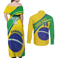 Custom Brazil Football Couples Matching Off Shoulder Maxi Dress and Long Sleeve Button Shirt Vamos Canarinho
