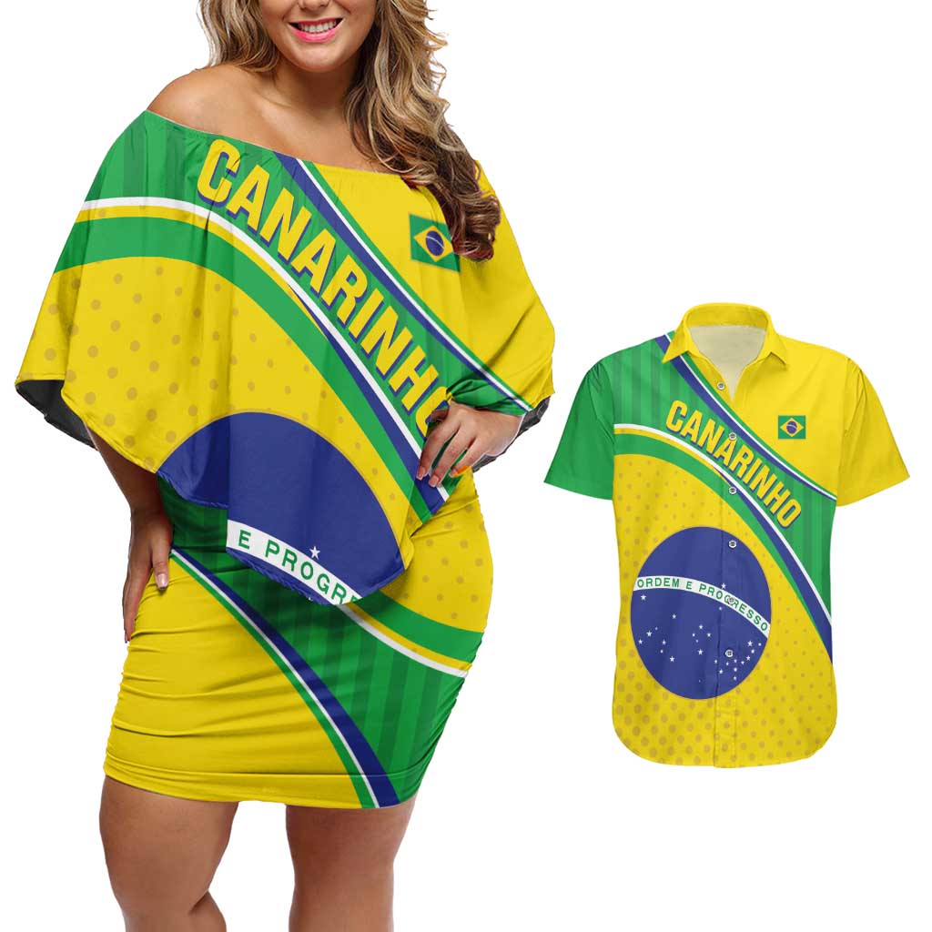 Custom Brazil Football Couples Matching Off Shoulder Short Dress and Hawaiian Shirt Vamos Canarinho