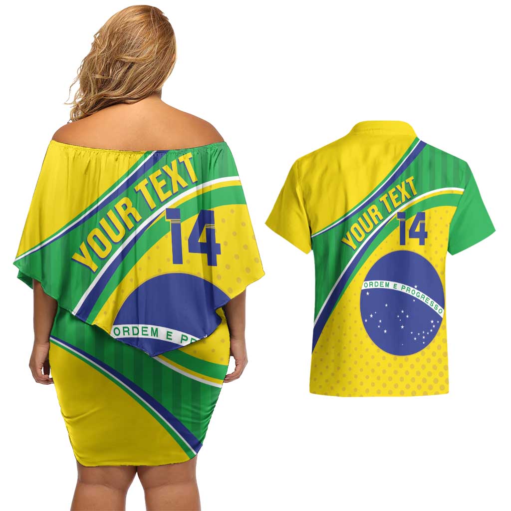 Custom Brazil Football Couples Matching Off Shoulder Short Dress and Hawaiian Shirt Vamos Canarinho