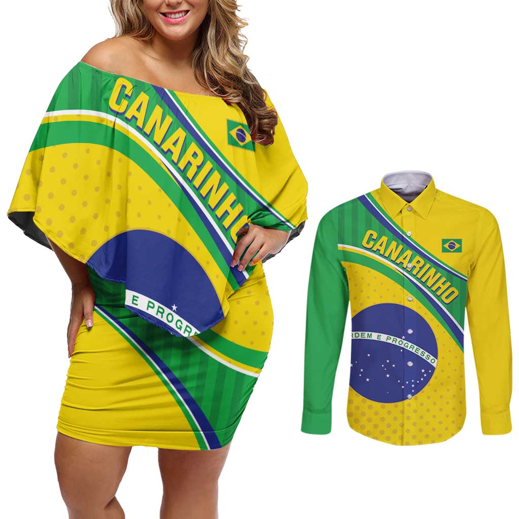 Custom Brazil Football Couples Matching Off Shoulder Short Dress and Long Sleeve Button Shirt Vamos Canarinho