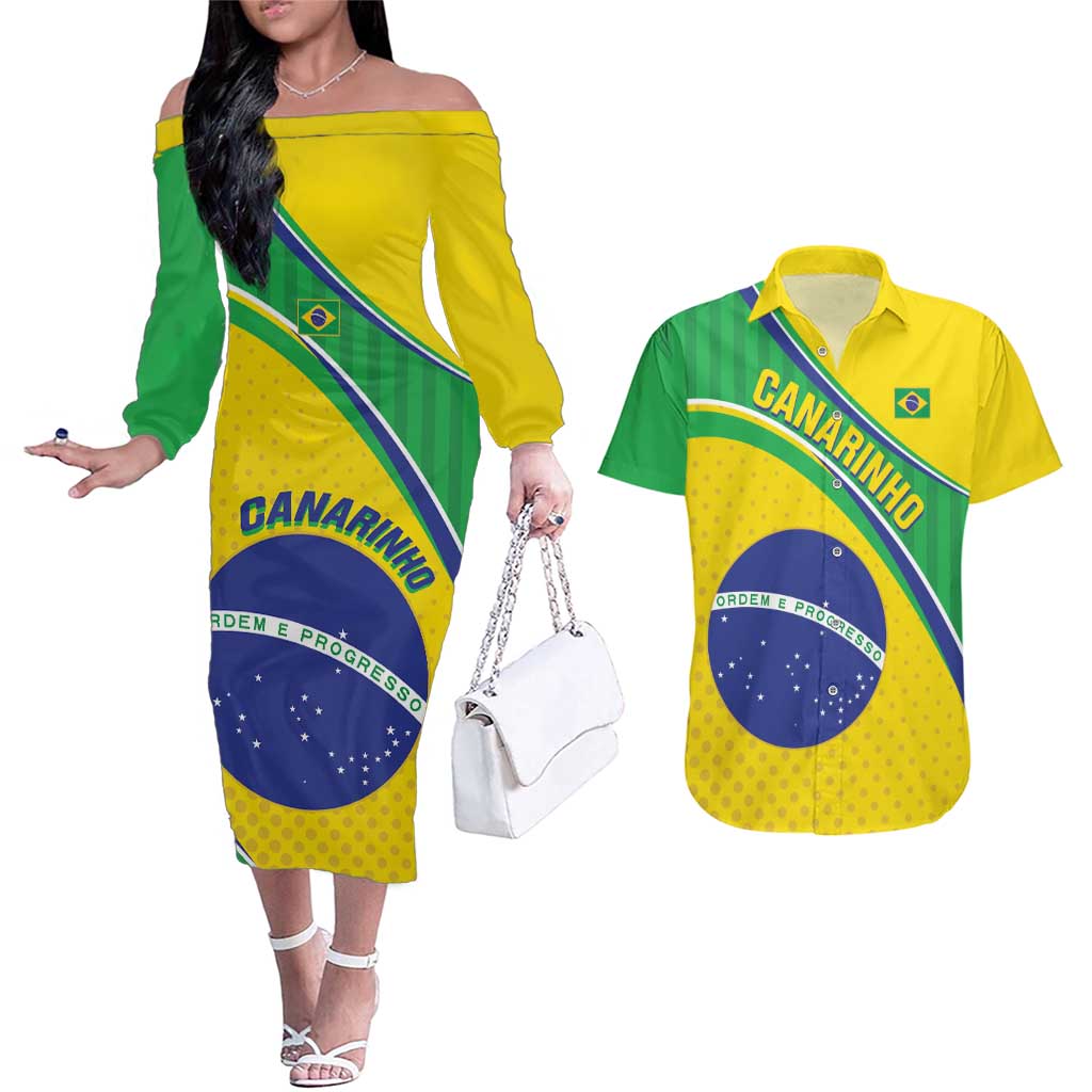 Custom Brazil Football Couples Matching Off The Shoulder Long Sleeve Dress and Hawaiian Shirt Vamos Canarinho